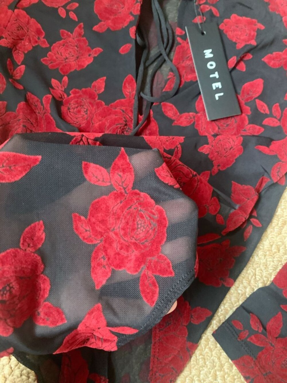 Motel Rocks Red Rose Flocked Mesh Bodysuit Size S NWT - Picture 4 of 7